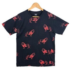 Stussy Rasta Lion AOP Black Shirt Medium Streetwear Vtg Y2K Skater Surf